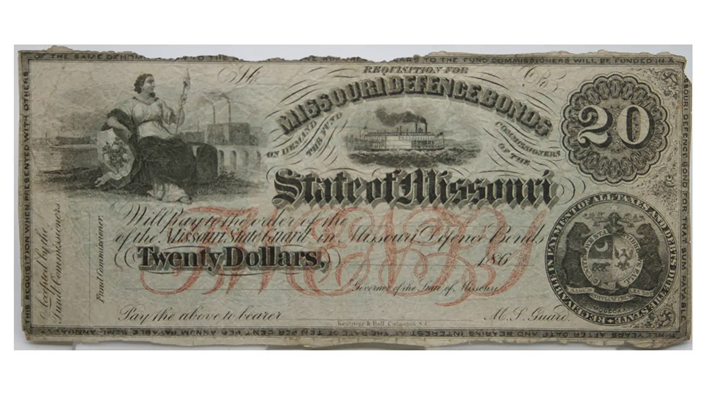1860's $20 Missouri Defence-Bond Obsolete Note Cr.21A