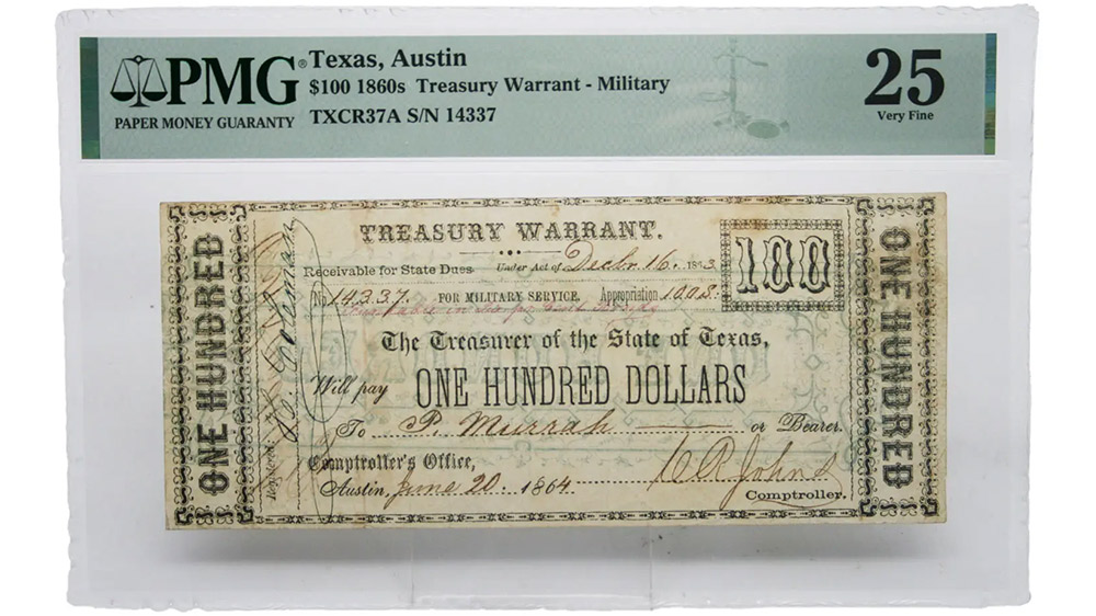 1860's $100 Austin Texas Treasury Military Warrant