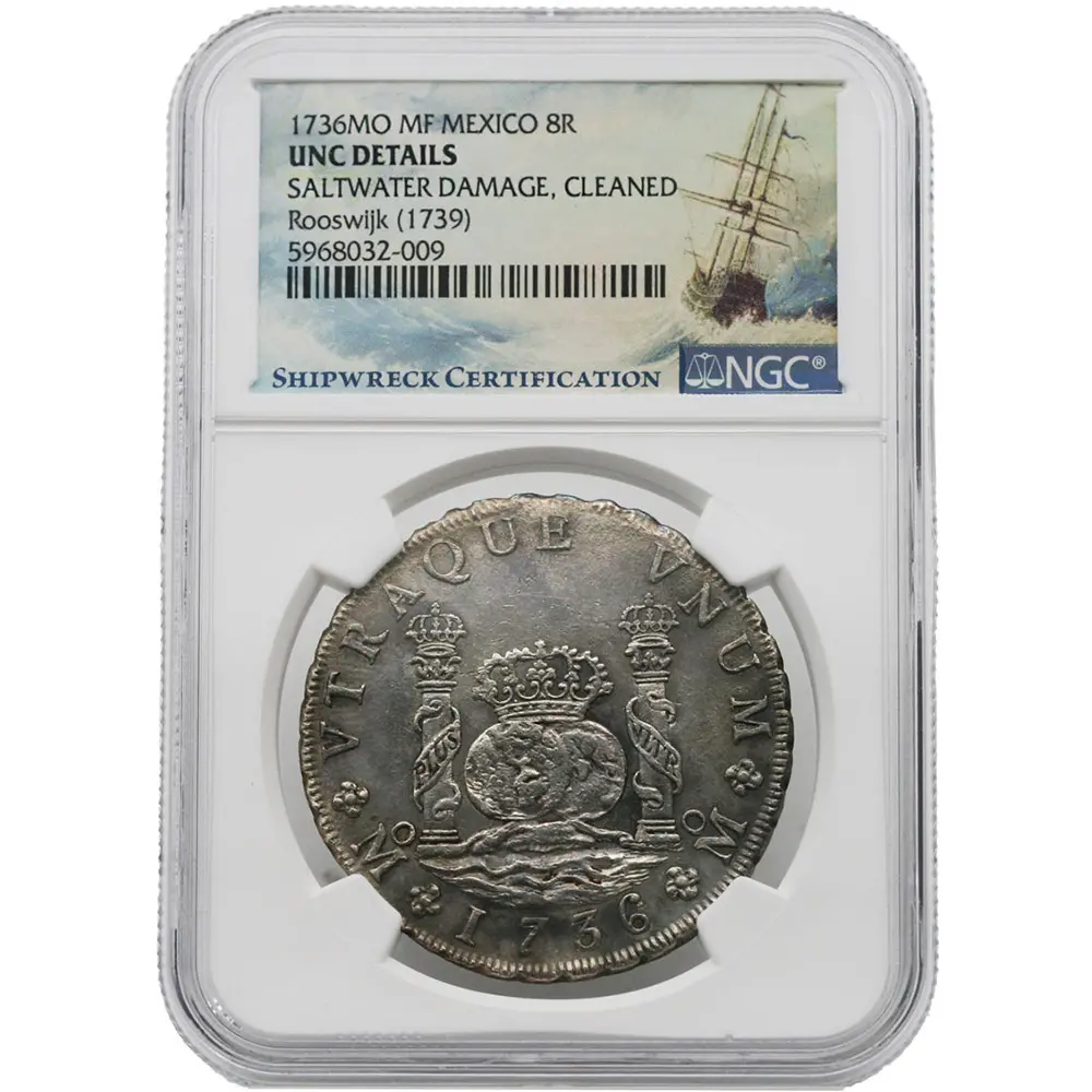 1736-MO Mexico 8 Reales NGC UNC Details Shipwreck of Rooswijk (1739)