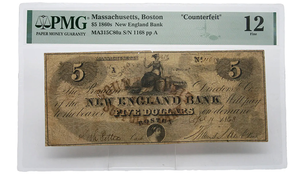 1860's $5 Massachusetts Boston - New England Bank "Counterfeit"