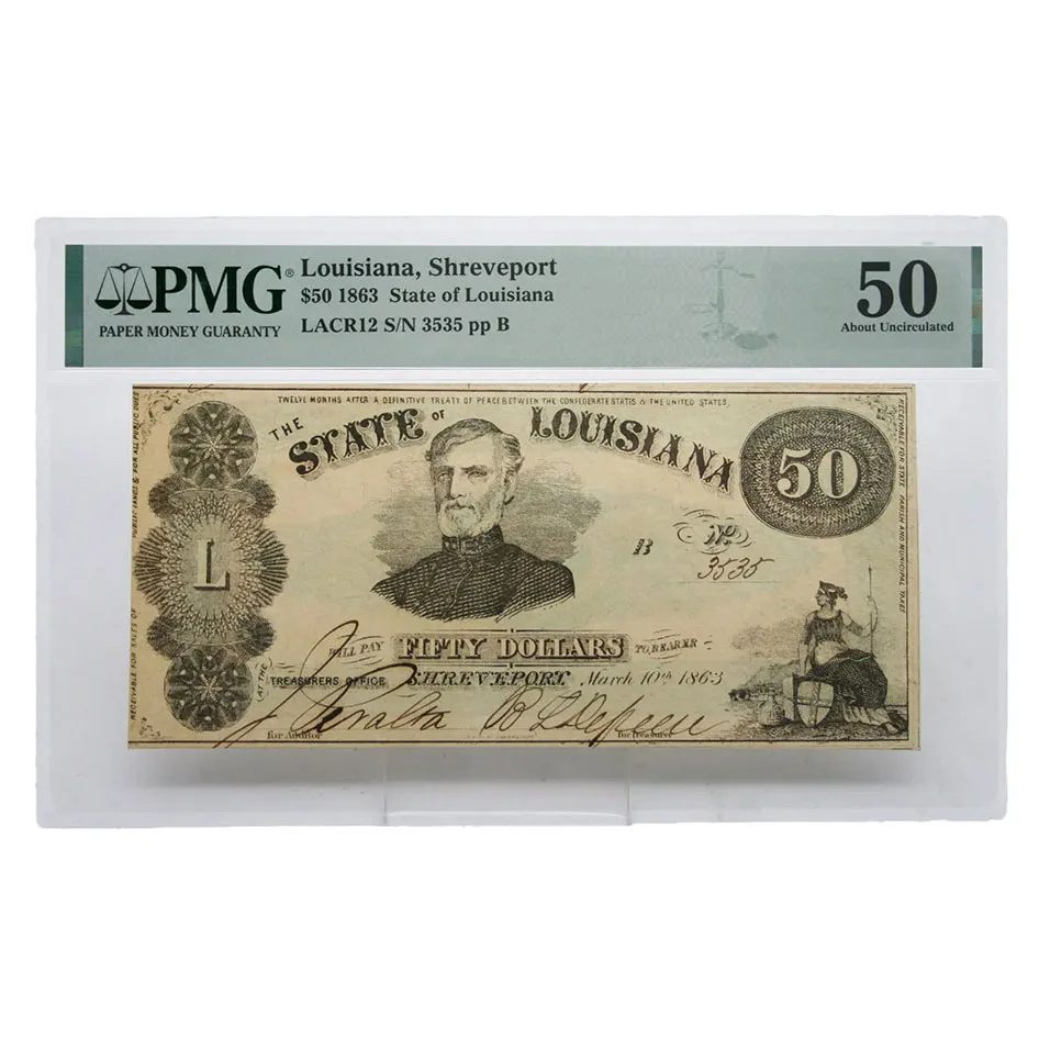 1863 $50 Louisiana Shreveport PMG About UNC 50