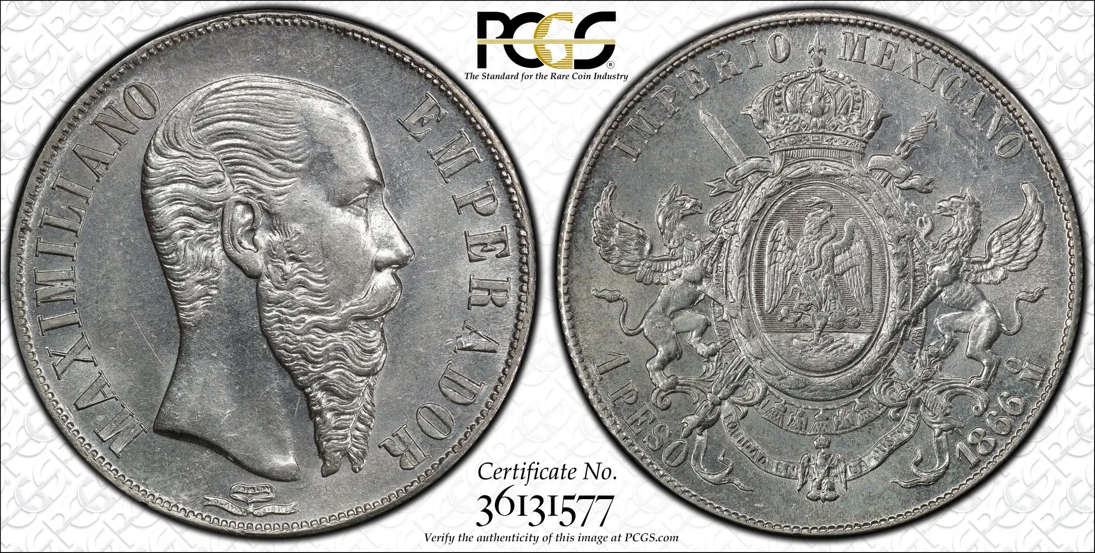 1866-Mo Mexico Maximilian Peso PCGS AU 58 - Image 2