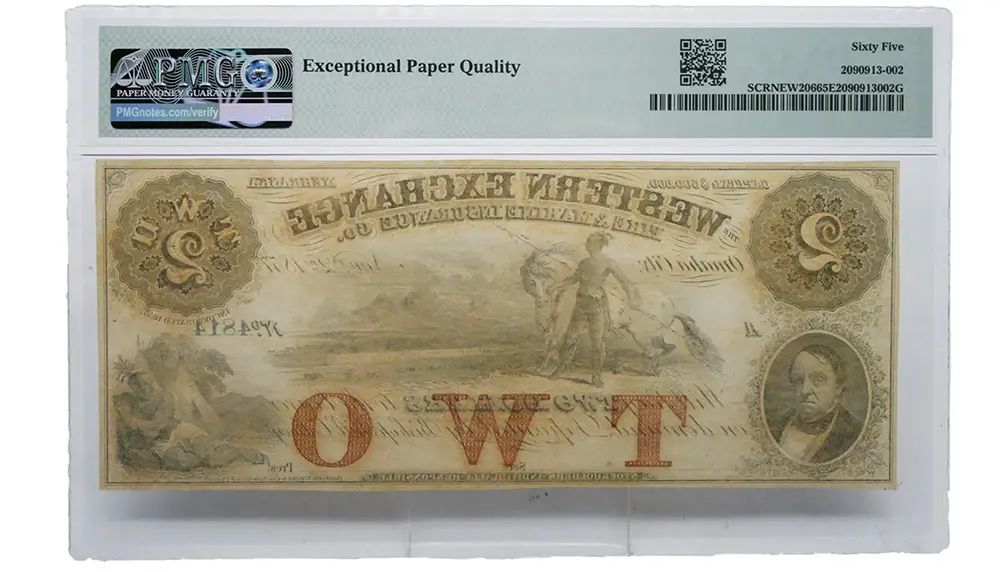 1857 $2 Omaha City Nebraska Note The Western Exchange - PMG Gem UNC 65 EPQ - Image 2