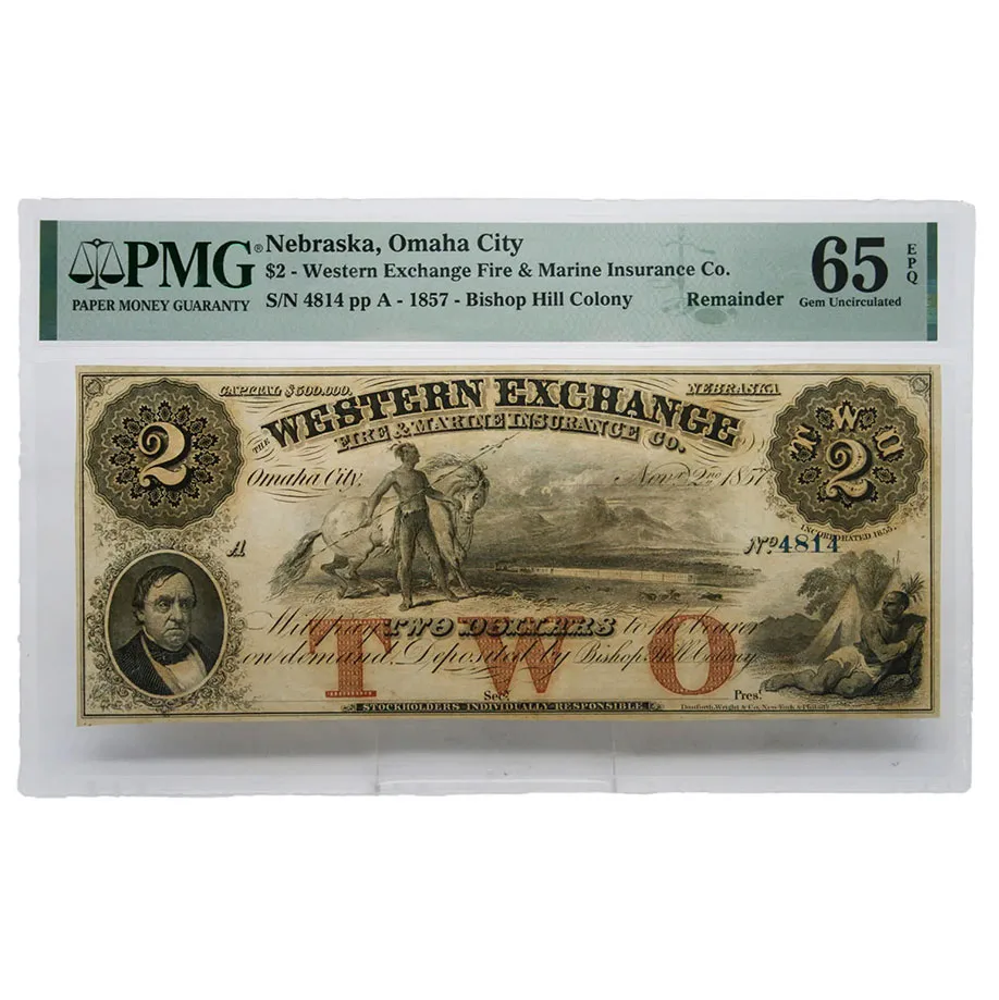 1857 $2 Omaha City Nebraska Note The Western Exchange - PMG Gem UNC 65 EPQ