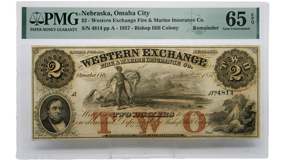 1857 $2 Omaha City Nebraska Note The Western Exchange