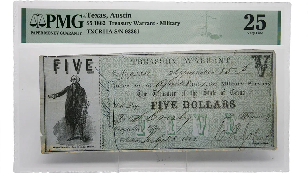 1862 $5 Texas, Austin Treasury Military Warrant