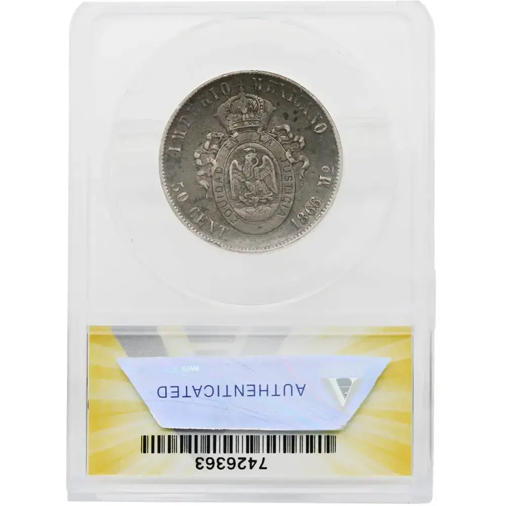 1866-Mo Mexico Maximilian 50 Centavo ANACS AU 50 - Image 2