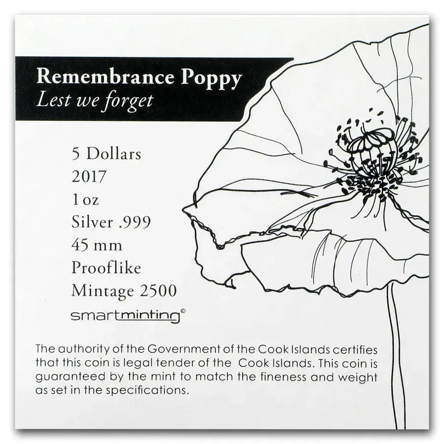 2017 Cook Islands 1 oz Silver $5 Remembrance Poppy Coin - Image 4