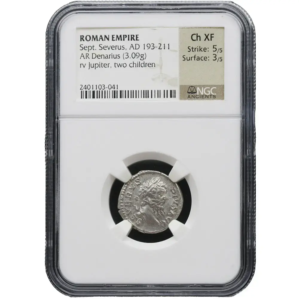 AD 193-211 Roman Empire Septimius Severus, Rev Jupiter AR Denarius NGC CH XF