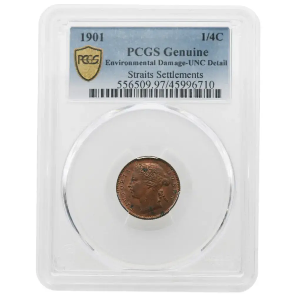 1901 1/4C Straits Settlements PCGS UNC Detail Damage
