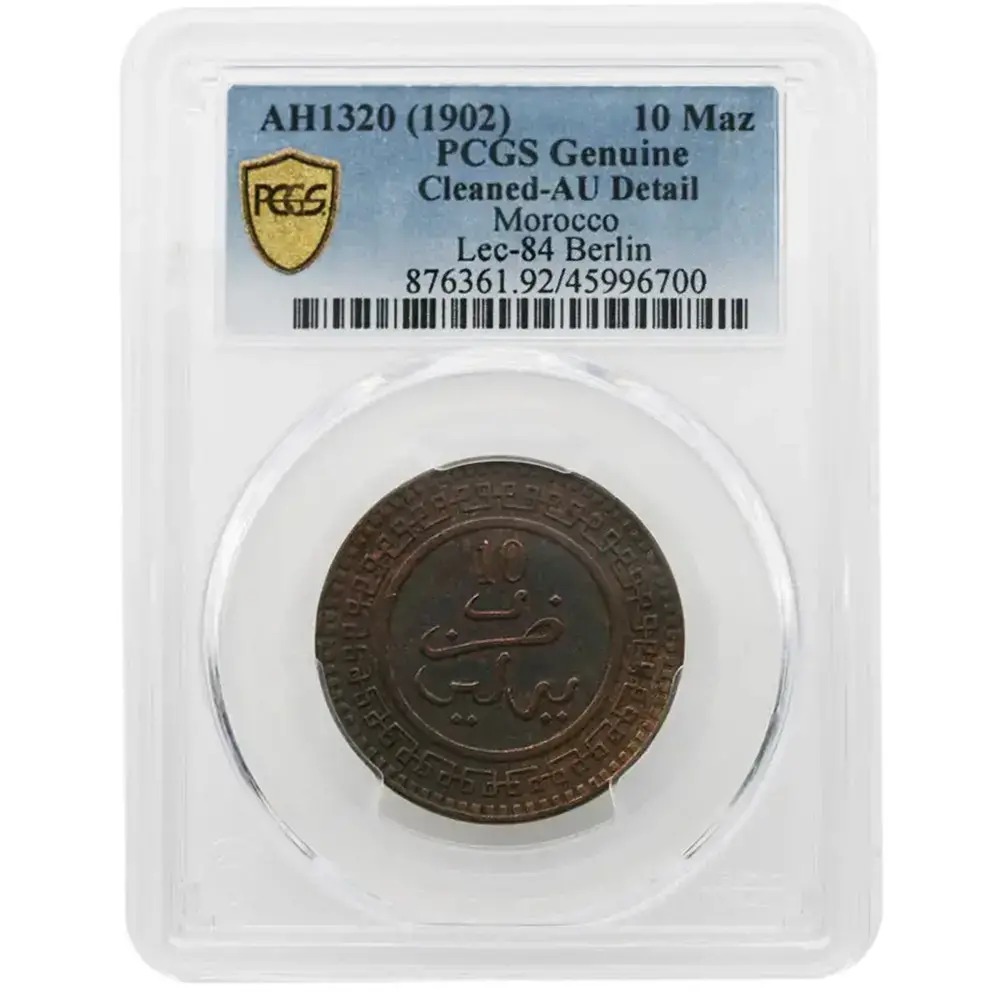 1902 10 Maz Morocco PCGS AU Detail Cleaned