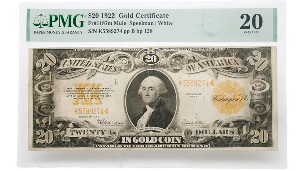 1922 $20 Gold Certificate Mule