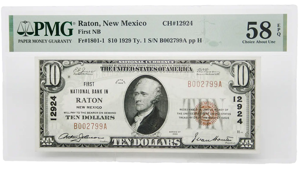 1929 $10 National Currency First NB Raton, New Mexico CH#12924 Type-1 Fr#1801-1