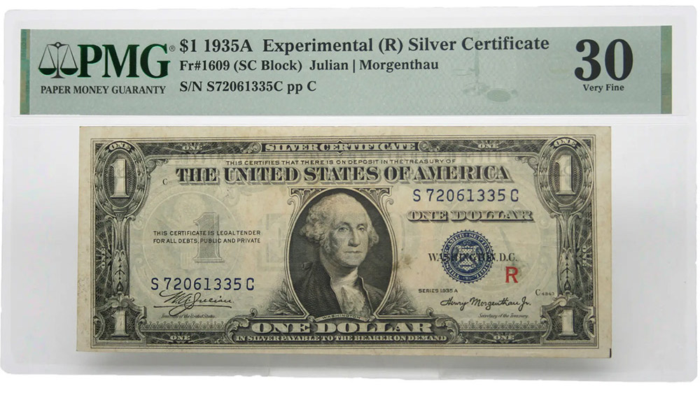 1935A $1 Experimental (R) Silver Certificate PMG Very Fine 30 FR#1609 (SC Block)