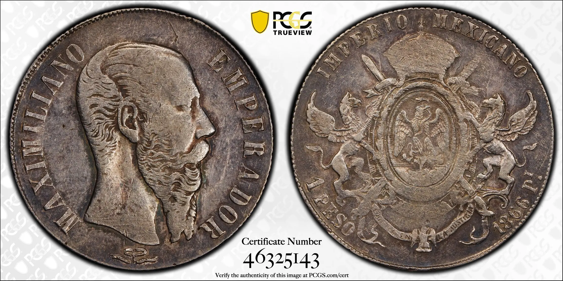 1866-Pi Mexico Maximilian Peso PCGS AU 50 - Image 2