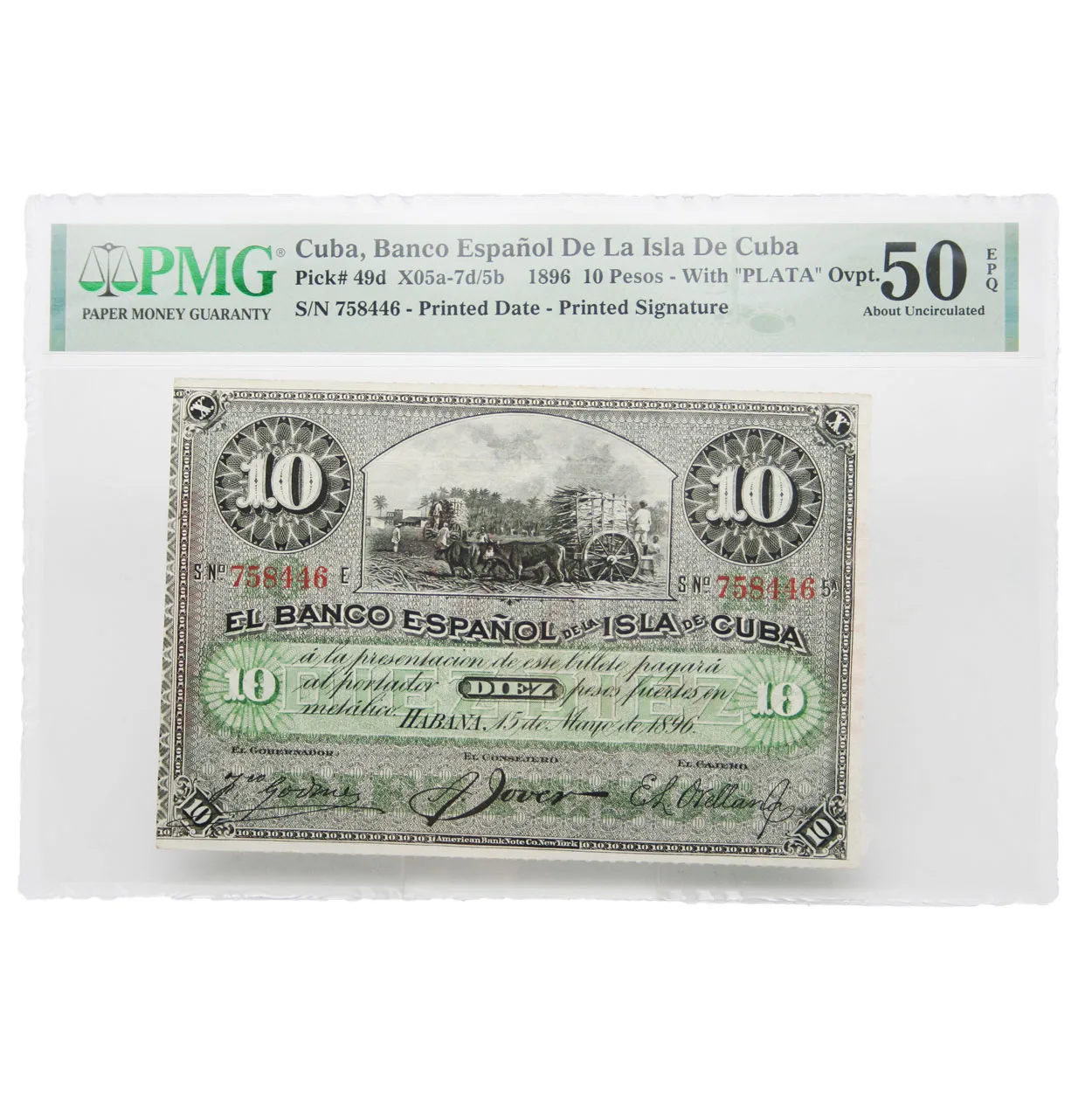 1896 10 Peso Banco Cuba PMG AU 50