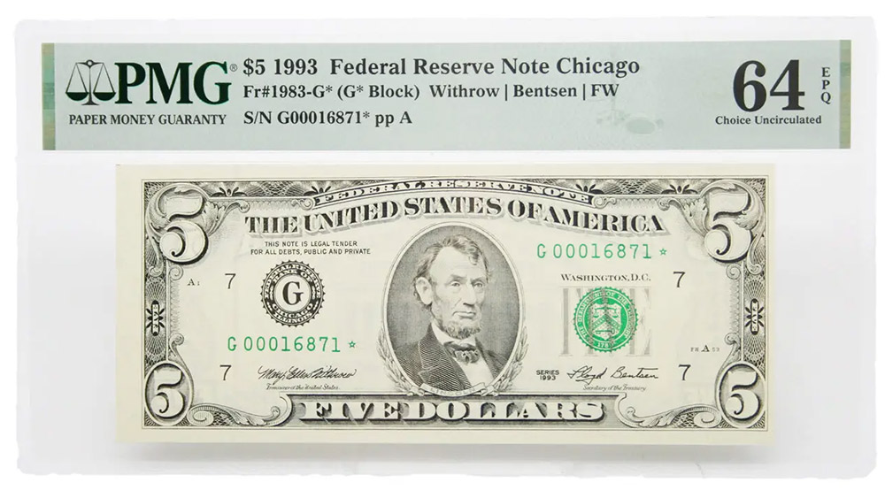 1993 $5 Federal Reserve Chicago Star Note Fr#1983-G* Fancy Serial
