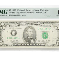 1993 $5 Federal Reserve Chicago Star Note Fr#1983-G* Fancy Serial PMG Choice Uncirculated 64 EPQ