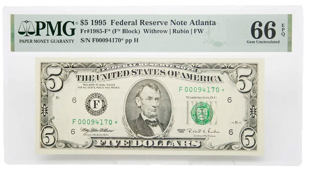 1995 $5 Federal Reserve Atlanta Star Note Fr#1985-F* Fancy Serial