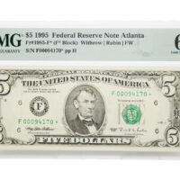 1995 $5 Federal Reserve Atlanta Star Note Fr#1985-F* Fancy Serial PMG Gem Uncirculated 66 EPQ