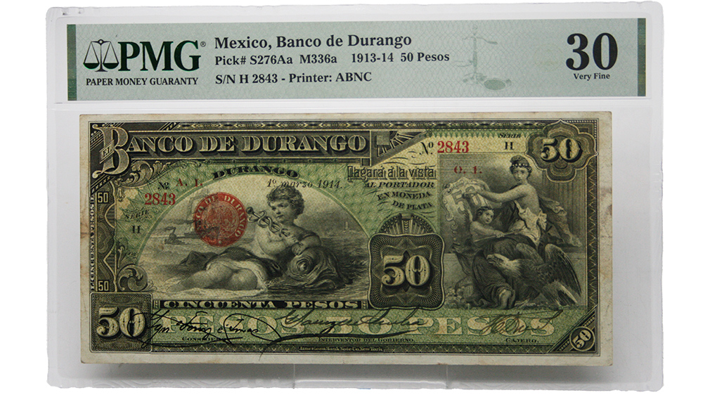 1913-14 50 Peso Mexico Banco De Durango