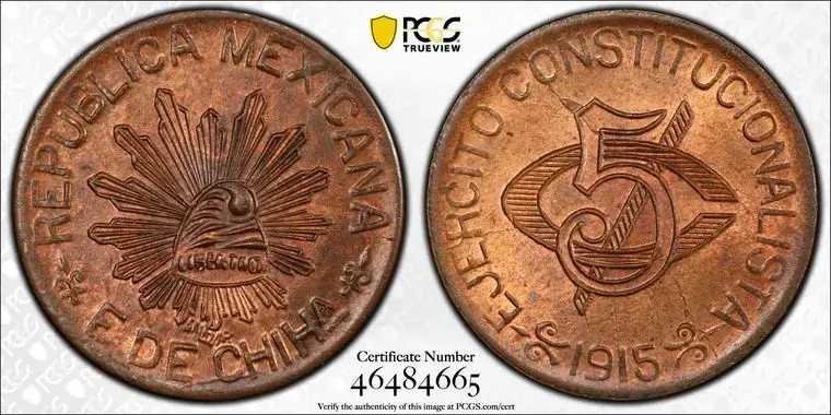 1915 Mexico Chihuahua Cinco-Centavo KM-613 PCGS MS65RB - Image 3