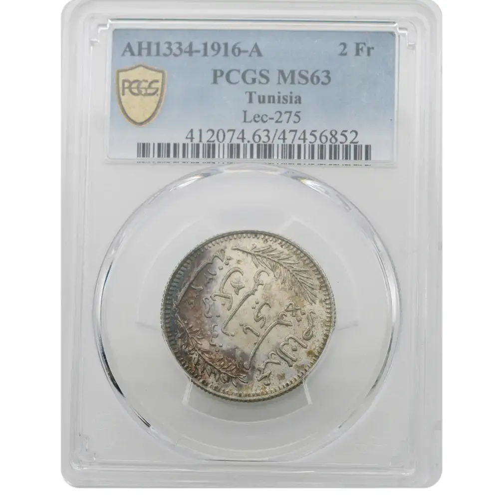 AH1334-1916-A Tunisia 2 Francs PCGS MS63