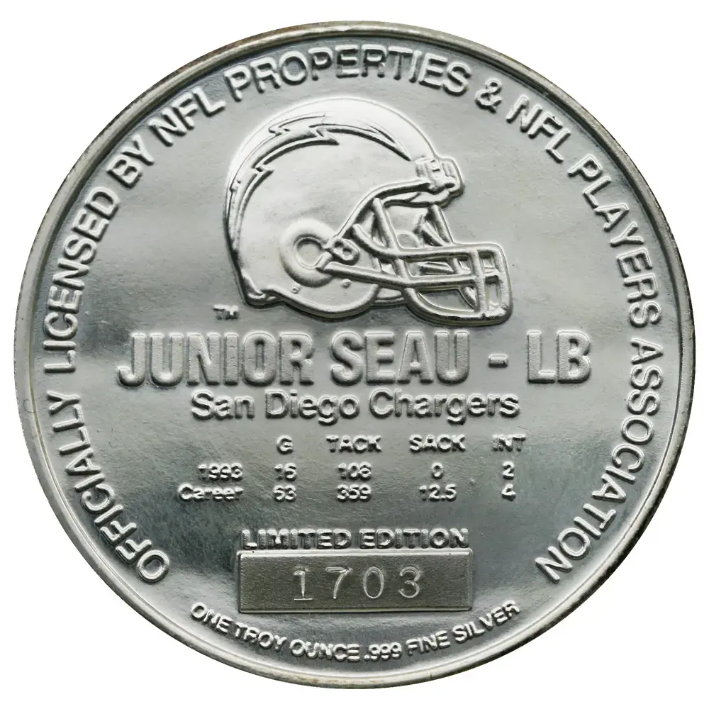 Junior Seau 1 oz Silver Round- San Diego Chargers - Image 2