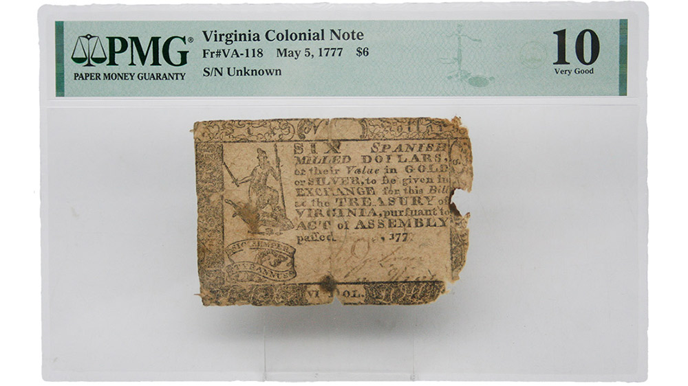 1777 $6 Virginal Colonial Note Fr#VA-118