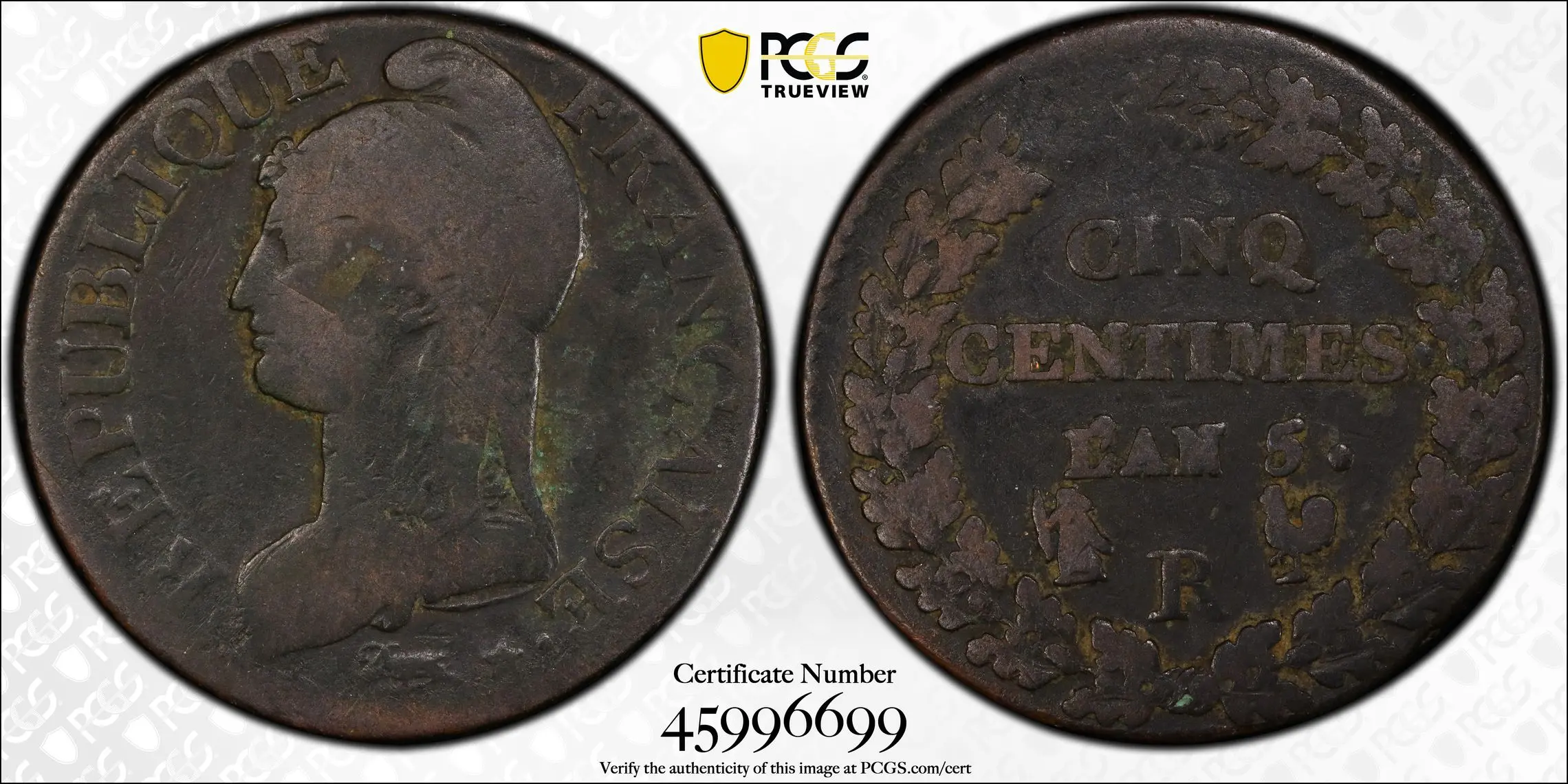 1796-R France 5 Centimes PCGS Genuine Damaged - Image 3