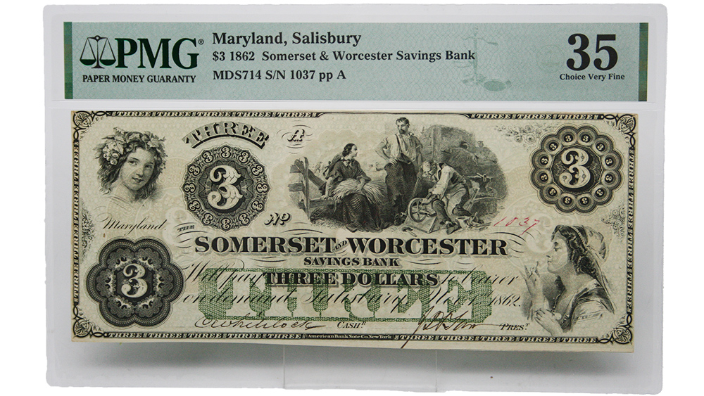 1862 $3 Somerset & Worcester Saving Bank