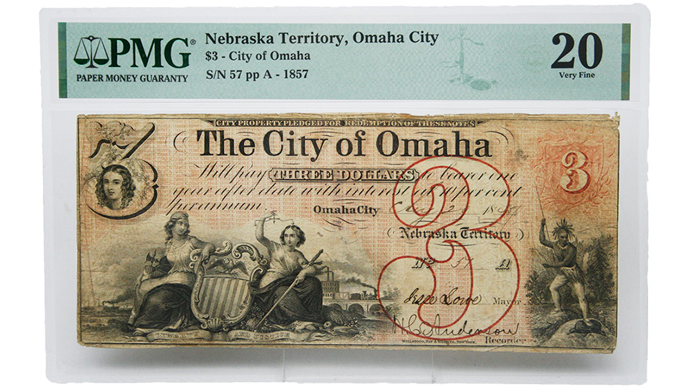 1857 $3 Omaha City Nebraska Territory Note
