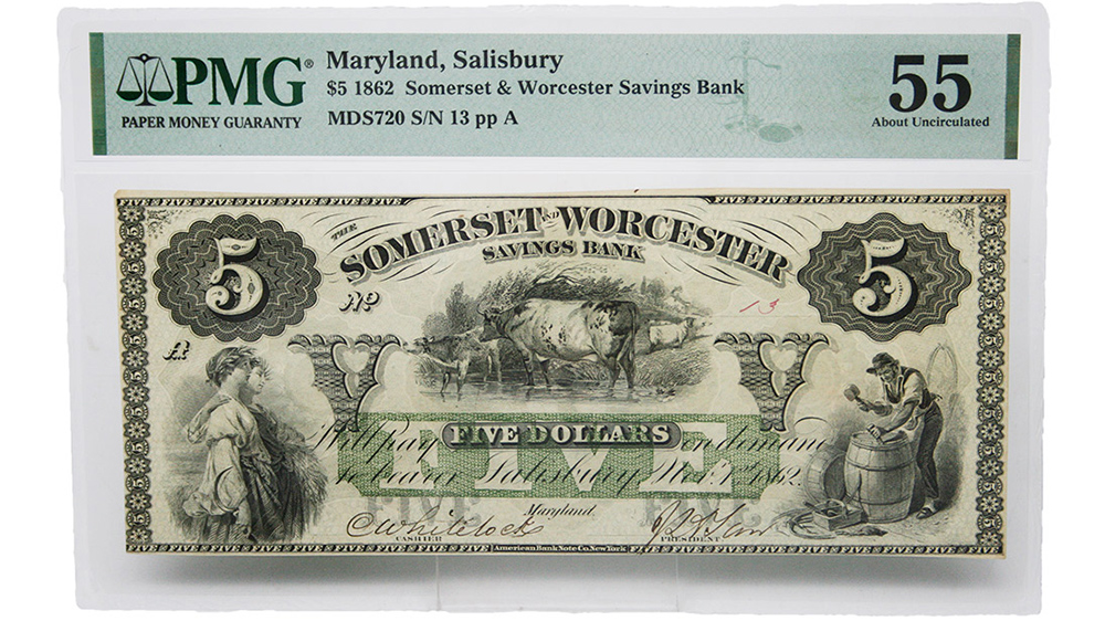1862 $5 Somerset & Worcester Saving Bank