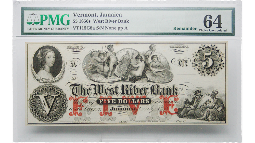 1850's $5 Vermont Jamaica - West River Bank