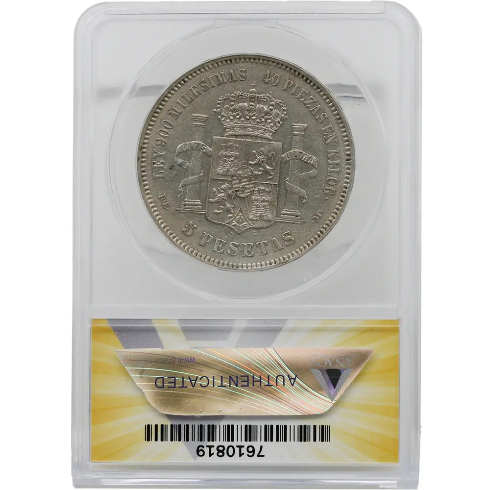 1875-Dem Five Pesetas Spain ANACS AU 50 Cleaned - Image 2