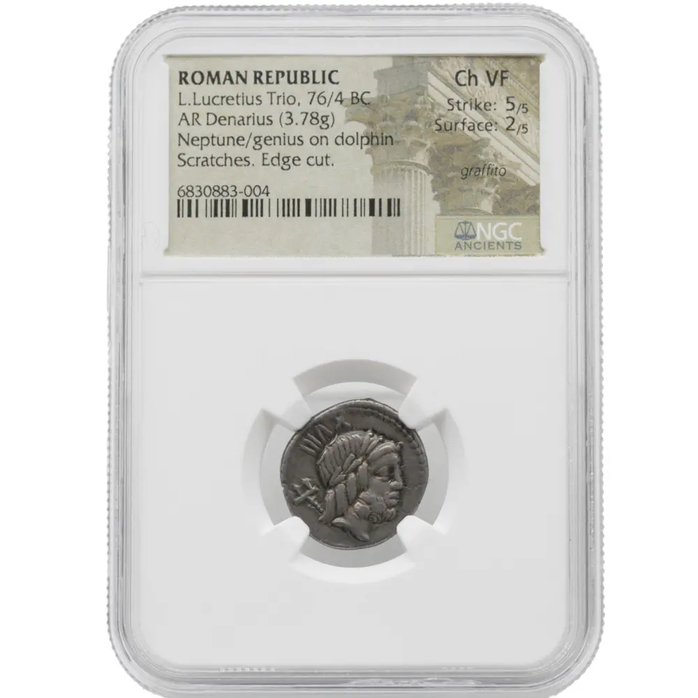 76/4 BC Roman Republic L Lucretius Trio AR Denarius NGC CH VF
