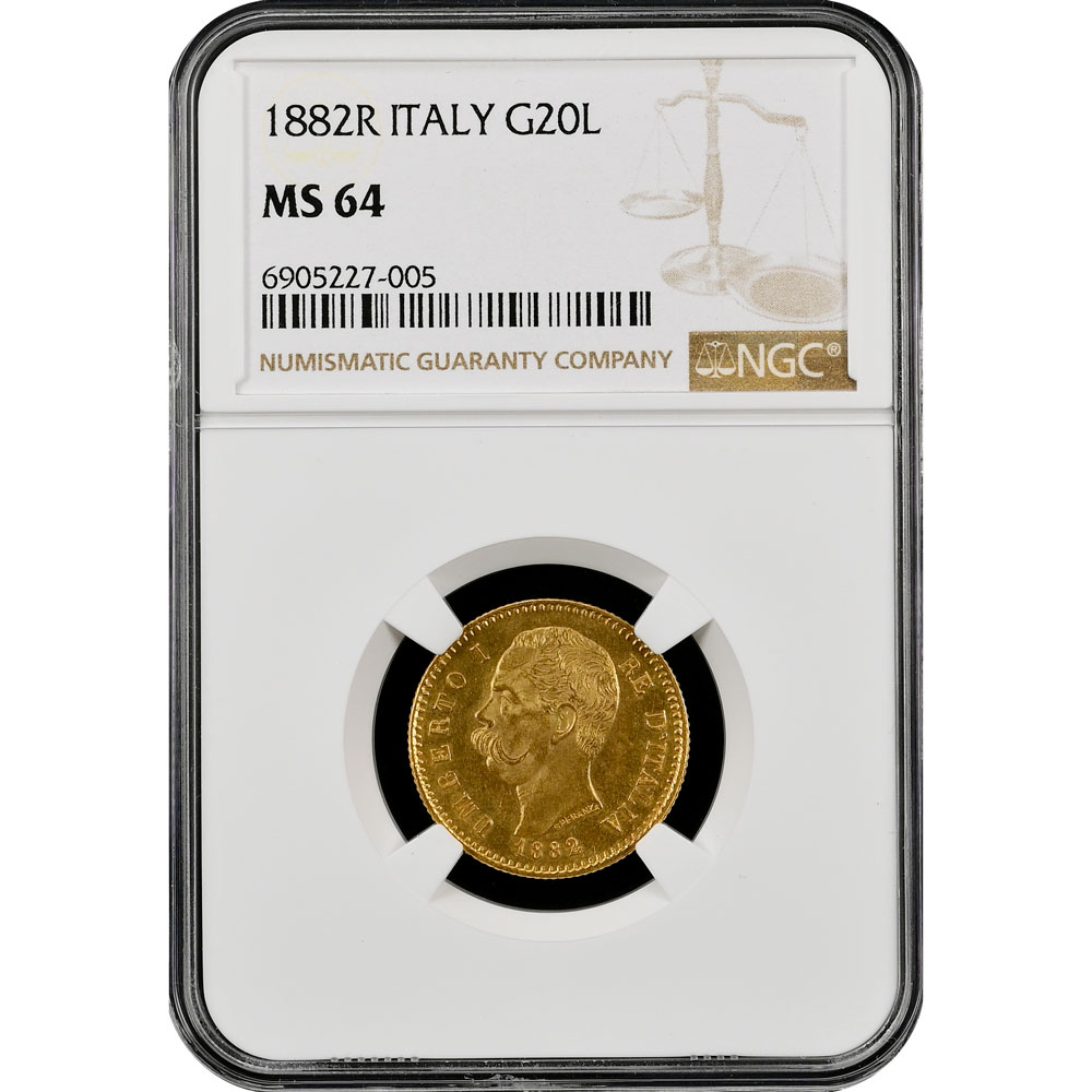 1882-R Italy Gold 20 Lira NGC MS 64