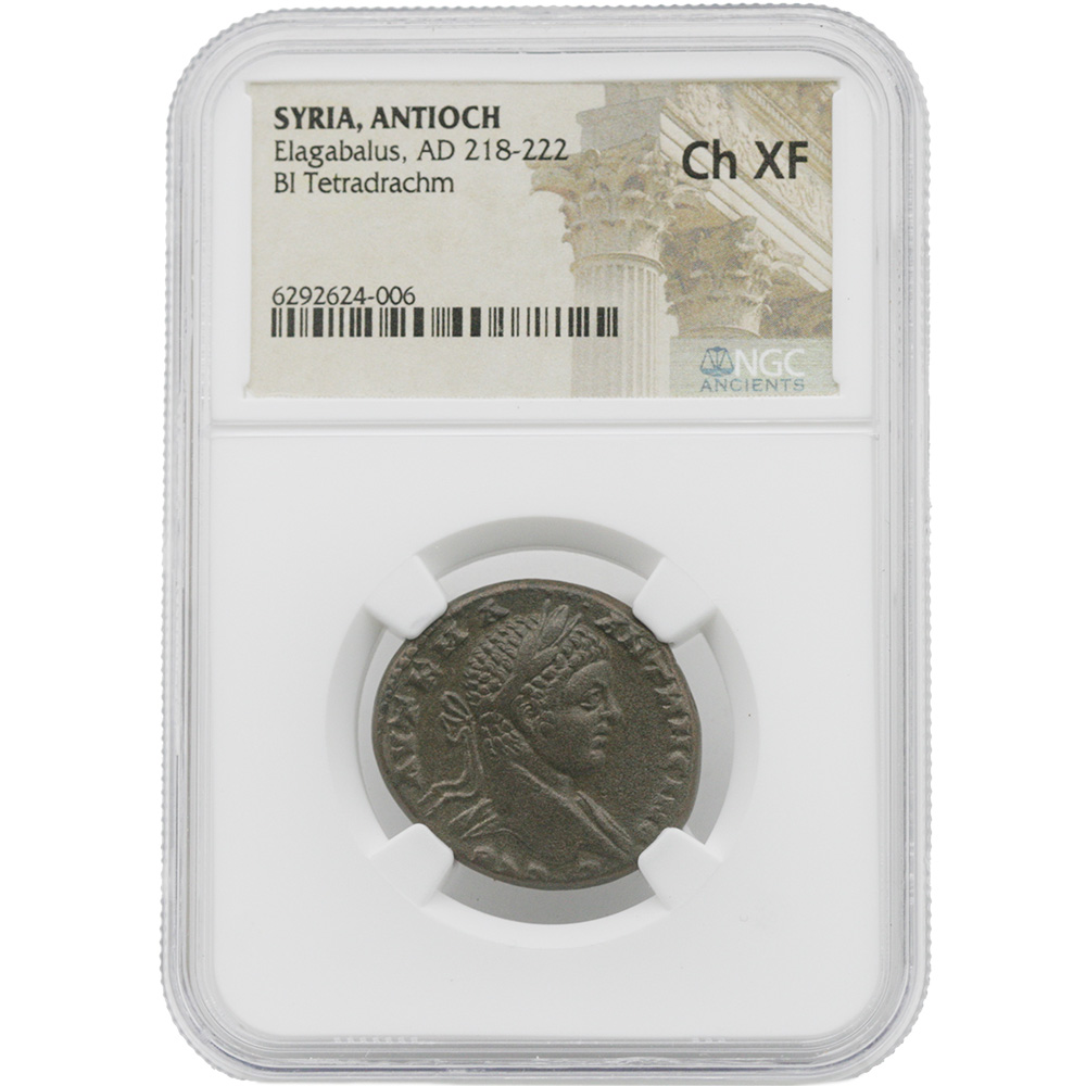 AD 218-222 Syria, Antioch Elagabalus BI Tetradrachm NGC CH XF