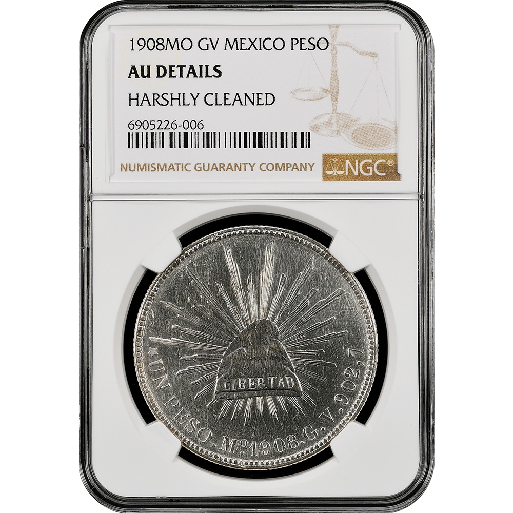 1908-Mo|GV Un Peso Mexico NGC AU Deatils Cleaned