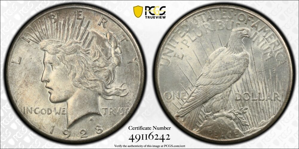 1928 $1 Peace Dollar PCGS MS63 - Image 2