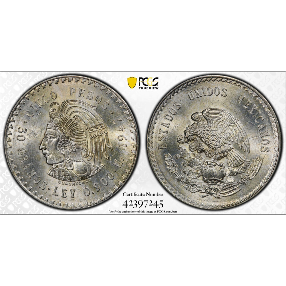 1947-Mo Mexico 5 Peso Cuauhtémoc PCGS MS 66+ - Image 4