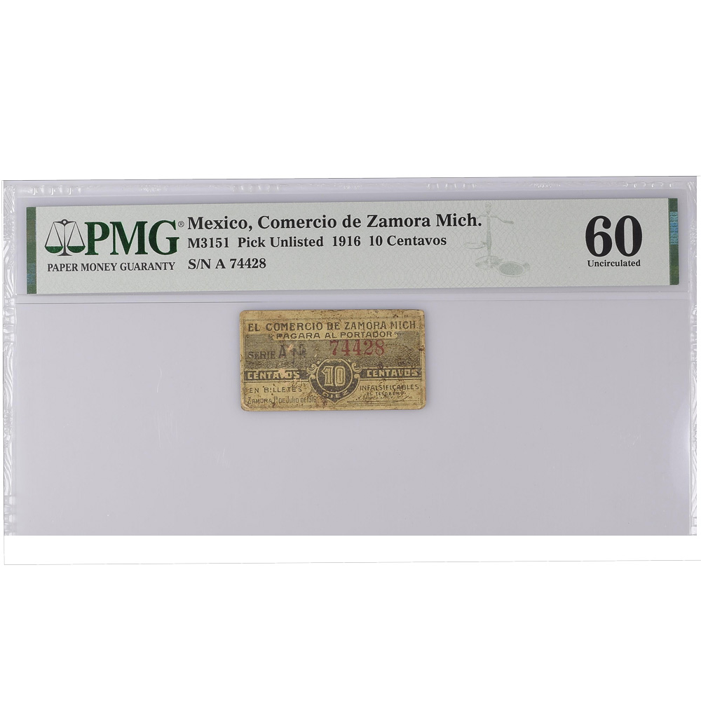 1916 Mexico Comercio de Zamora Mich. 10 Centavos PMG UNC 60