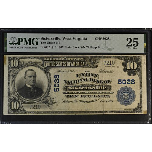 1902 $10 National Currency Sistersville West Virginia CH# 5028 PMG VF 25