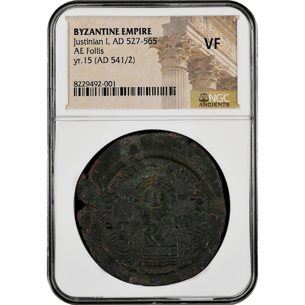 AD 527-65 Justinian I AE Follis Byzantine Empire NGC VF