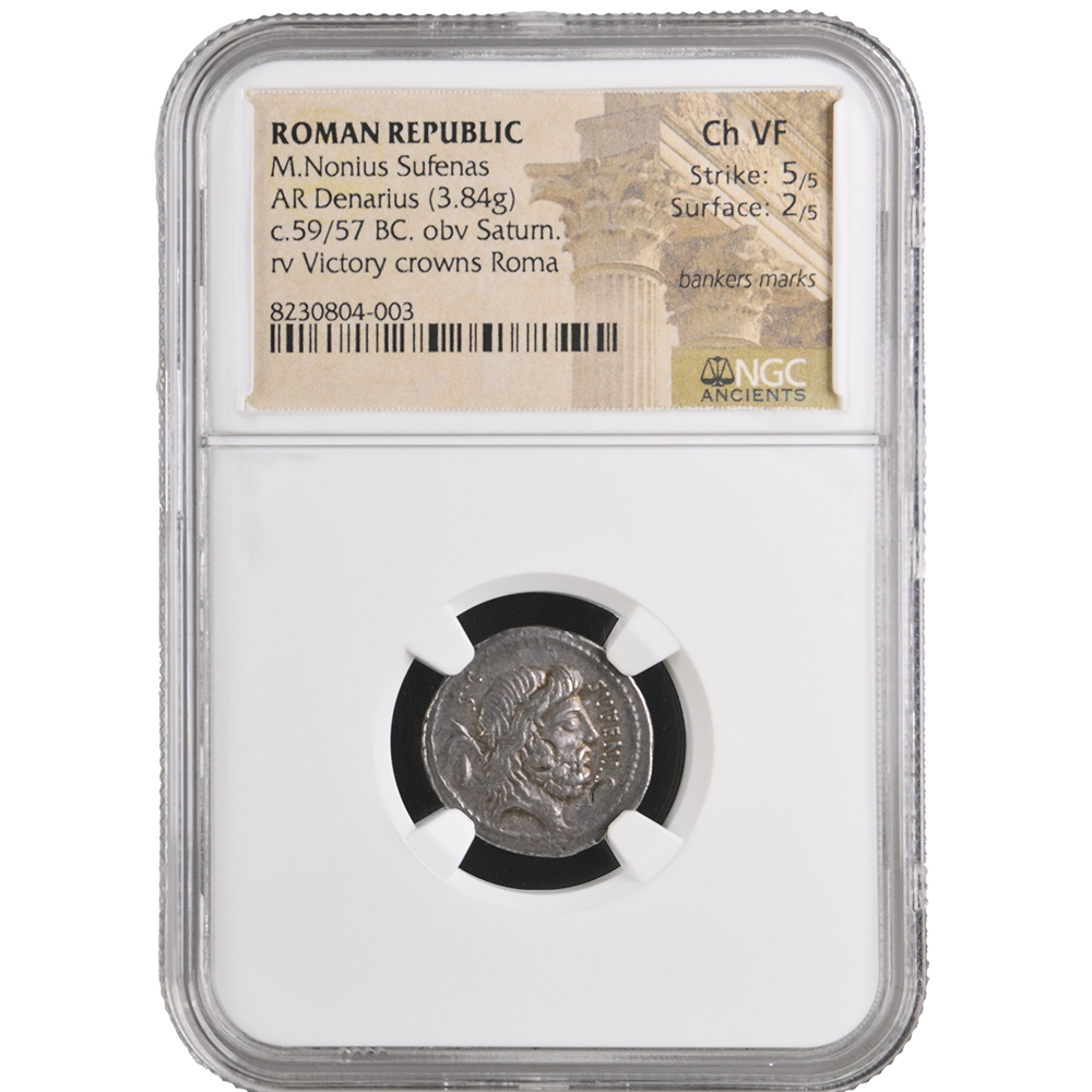 59-57 BC Roman Republic M. Nonius Sufenas AR Denarius NGC CH VF