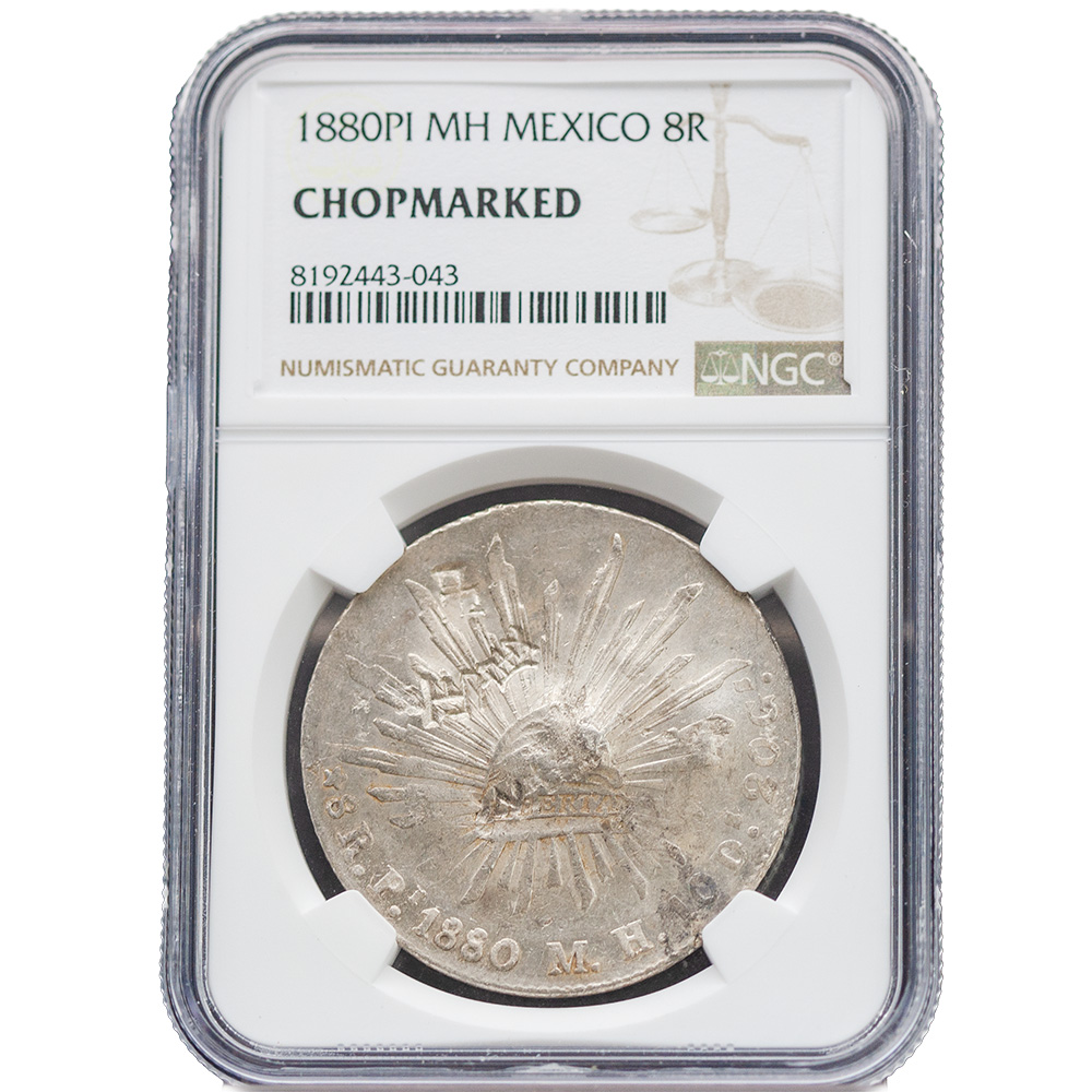 1880-Pi|MH Mexico 8 Reales NGC Swastika Chopmarked