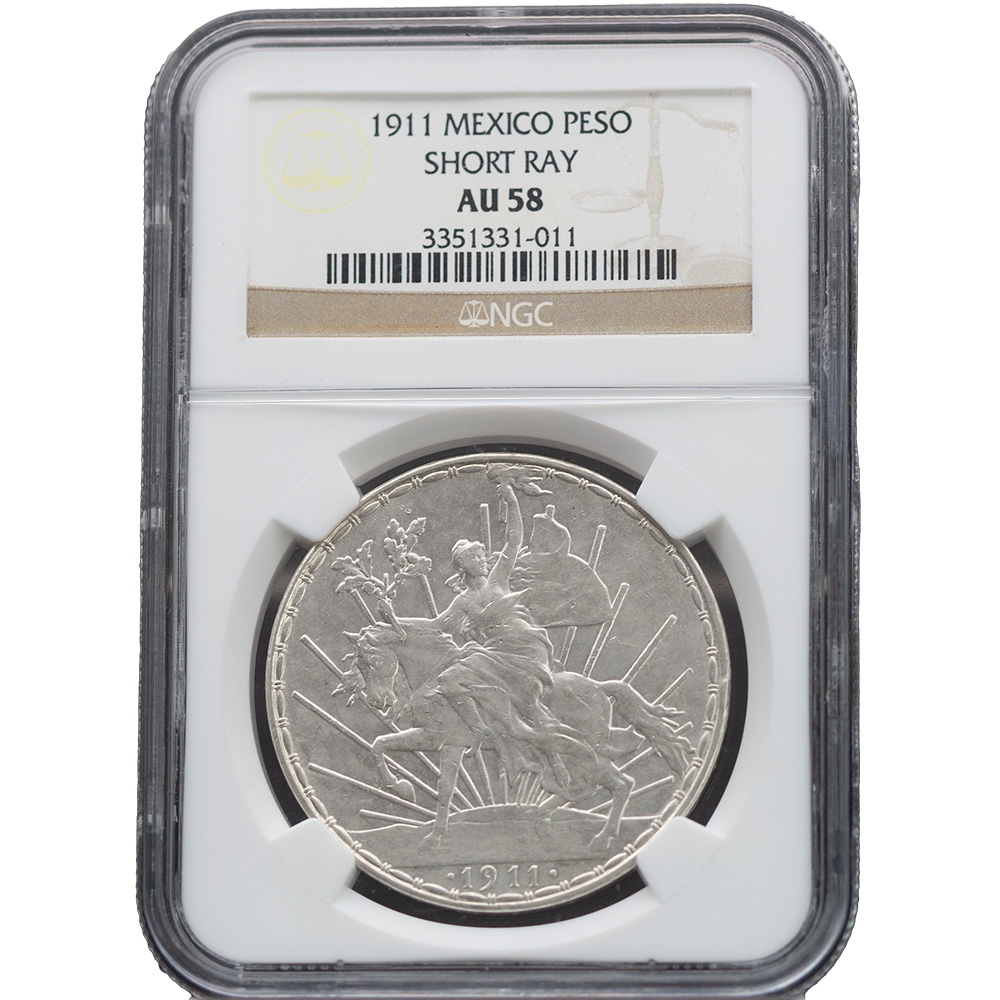 1911 Mexico Peso Short-Ray NGC AU 58