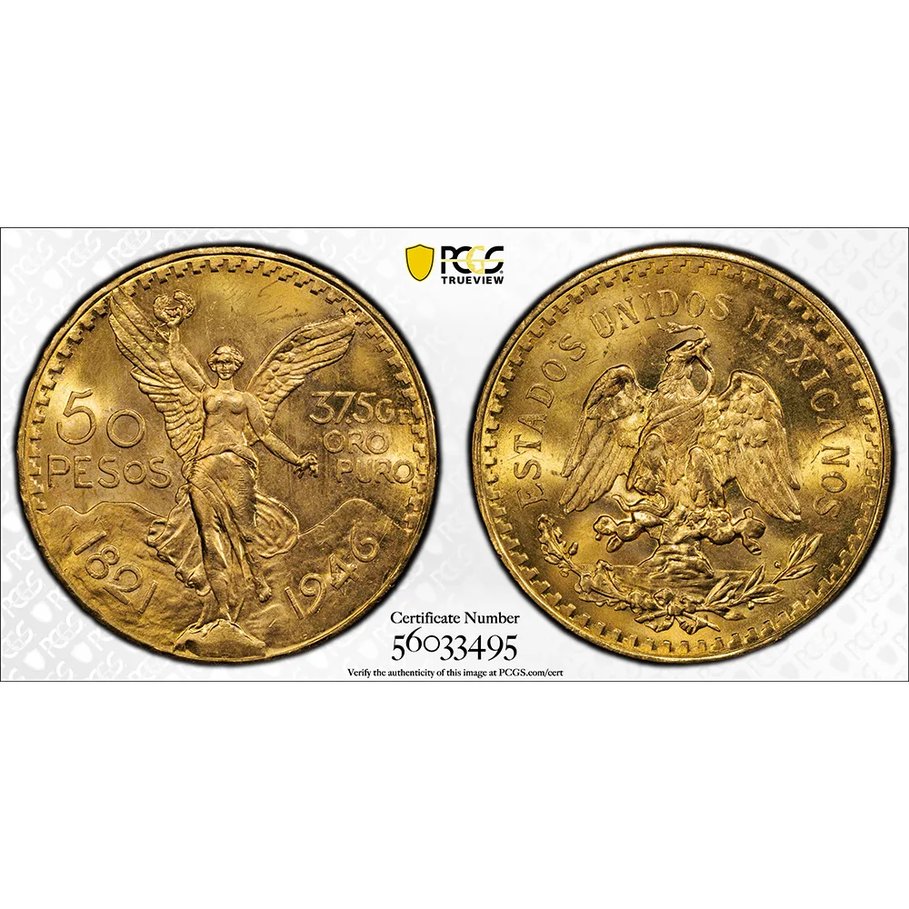 1946 50 Pesos Gold Centenario PCGS MS 65