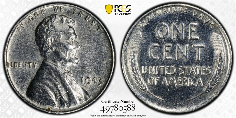 1943 1C Lincoln Cent PCGS AU Detail Surface Plated - Image 2