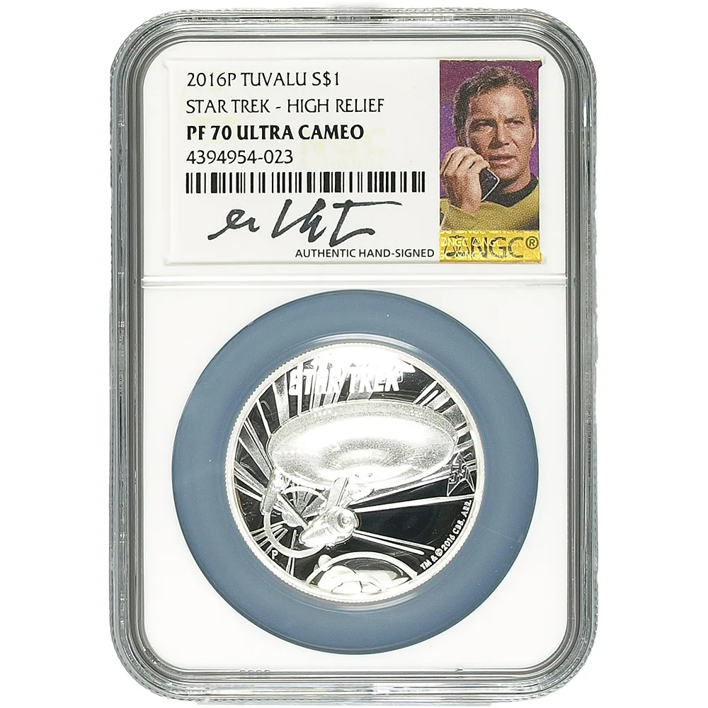 2016 1 oz Silver Proof High Relief U.S.S. ENTERPRISE – STAR TREK NGC PF70 UC (William Shatner Signed Label)